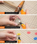 Heavy Duty 448 Piece Rotary Tool Accessory Kit With Sleek Carry Case, showing grinding on metal, polishing a coin, and cleaning a keychain.