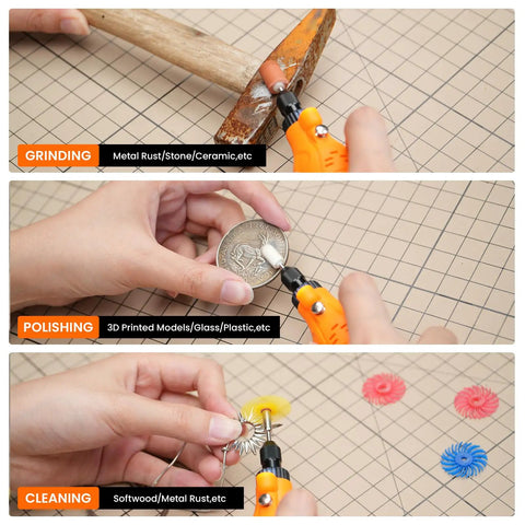 Heavy Duty 448 Piece Rotary Tool Accessory Kit With Sleek Carry Case, showing grinding on metal, polishing a coin, and cleaning a keychain.
