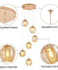 Dimmable Glass Globe Pendant Light Fixture With Champagne Finish, Modern LED Hanging Lamp, Adjustable Cord, Six Light Chandelier