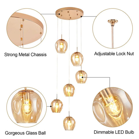 Dimmable Glass Globe Pendant Light Fixture With Champagne Finish, Modern LED Hanging Lamp, Adjustable Cord, Six Light Chandelier