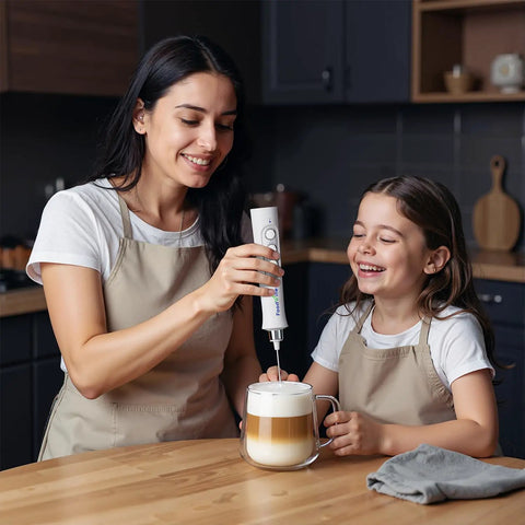 Rechargeable Milk Frother Handheld Foam Maker With Stainless Whisk For Cappuccino Latte Bulletproof Coffee Keto Diet Protein Powder Matcha Pure White Two Whisks No Fuss Quick Froth used by woman and child in kitchen