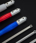Angled view: set of 3 carbide woodturning tools with colored acrylic handles in gray, red, and blue.