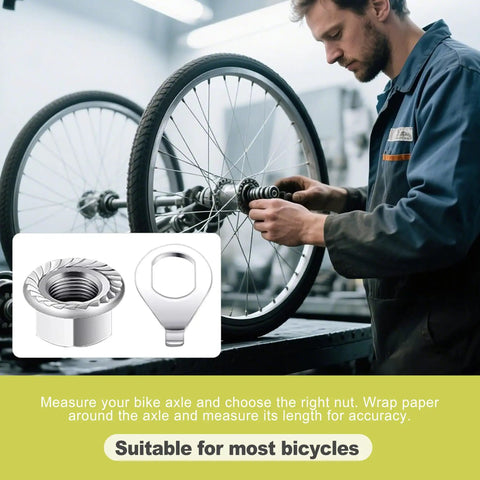 Mechanic using 24 Piece Go To Bike Axle Nuts And Washers Kit M8 M9.5 M10 For Mountain And Road Bikes with wheel close-up
