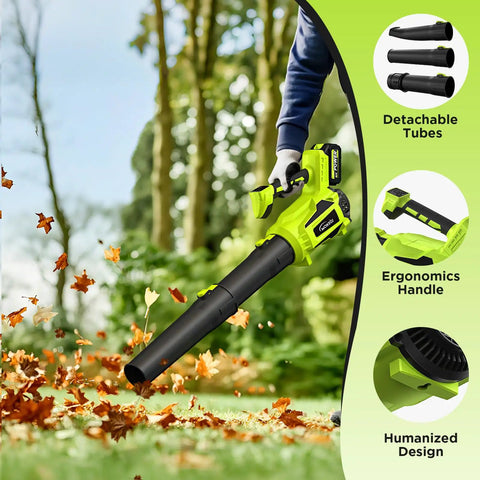 Powerful 580 CFM Cordless Leaf Blower With Dual Batteries, Brushless Motor, Lightweight Handheld Design in action on leaves
