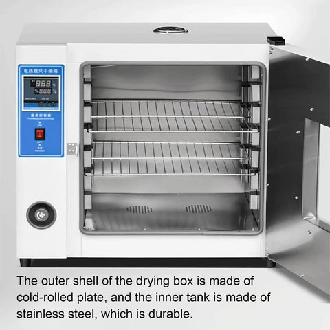 Heavy Duty Electric Heating Blast Drying Oven With Digital Temp Control, open view with stainless steel interior and control panel.