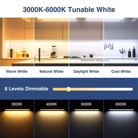 Under Cabinet Lighting Kit With 6 Pack 12 Inch LED Strips showing tunable white 3000K-6000K lighting levels for kitchen counters