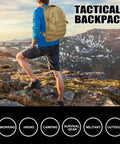 Compact 12L Tactical Backpack For Outdoor Adventures worn by hiker on mountain trail, weather resistant tan 600D nylon rucksack