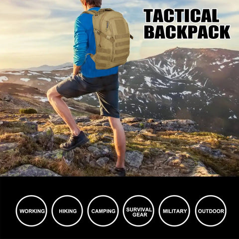 Compact 12L Tactical Backpack For Outdoor Adventures worn by hiker on mountain trail, weather resistant tan 600D nylon rucksack
