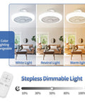 Enclosed 18 Inch Ceiling Fan With Lights Remote showing dimmable 3 color temperatures: white, neutral, warm light in a living room