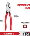 8 Inch High Leverage Lineman Pliers For Wire Cutting And Gripping, Heavy Duty Side Cutters With Front Pivot shown with size measurements
