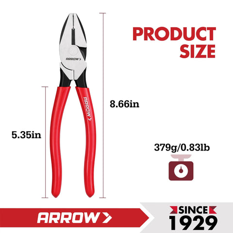 8 Inch High Leverage Lineman Pliers For Wire Cutting And Gripping, Heavy Duty Side Cutters With Front Pivot shown with size measurements