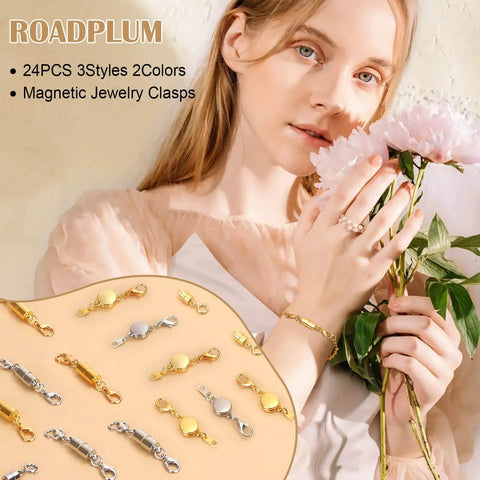 24 Pcs Magnetic Necklace Clasps Set In Round Cylindrical And Tubular Styles, Silver And Gold Finishes, DIY Jewelry Making
