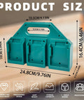 Six Slot Battery Holder for 18V and 14.4V, green durable plastic, compact design with product dimensions and features displayed.