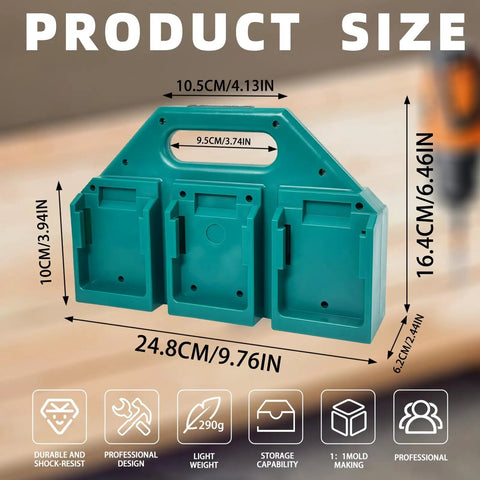 Six Slot Battery Holder for 18V and 14.4V, green durable plastic, compact design with product dimensions and features displayed.