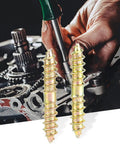 Two Top Shelf Double Ended Steel Screws M5 M6 Zinc Plated with a hand using a screwdriver in a mechanical setup.