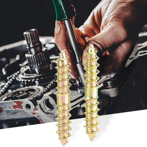 Two Top Shelf Double Ended Steel Screws M5 M6 Zinc Plated with a hand using a screwdriver in a mechanical setup.