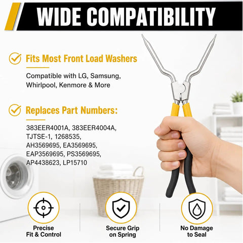 Hand holding Upgrade 383EER4001A Spring Expansion Tool For Washer Door Boot with safety grip, fits various washers.