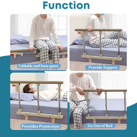 Foldable Stainless Steel Bed Rail Guard With Red Release Lever providing support and protection beside a bed