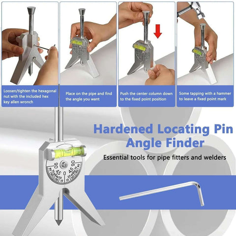 Pipe center finder tool with 4-inch Y-base, centering head, adjustable dial bubble protractor, steel body