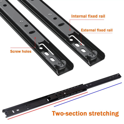 Heavy Duty Drawer Slides And Table Extension Rails, Two-Section Stretching, Thick Cold-Rolled Steel, Ultra Strong 50kg Per Pair, Quiet Cushioned Rails With Rubber Pads And Ball Bearings, Rust-Resistant, Durable Build, black two-section slides with screw holes