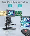 Five Lens 7 Inch HDMI Digital Microscope With Screen Ready To Roll 5000X Magnification For Coins Biology Soldering And Slides Mechanical X Y Stage 2160P Video LCD Display PC View 32GB Included showing screen, stage, remote