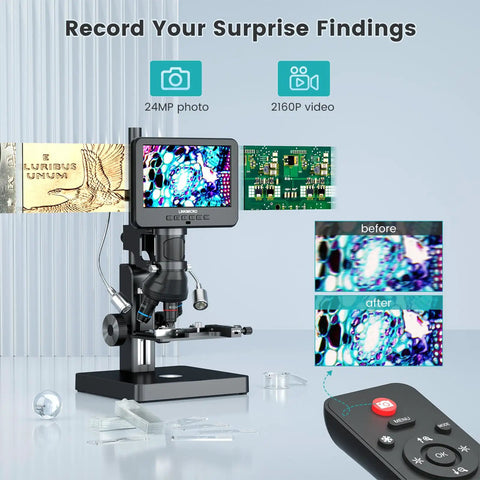 Five Lens 7 Inch HDMI Digital Microscope With Screen Ready To Roll 5000X Magnification For Coins Biology Soldering And Slides Mechanical X Y Stage 2160P Video LCD Display PC View 32GB Included showing screen, stage, remote