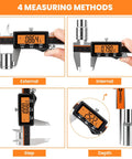 Rechargeable Digital Caliper With Type C Fast Charge And Auto Off, Large Orange Screen showing four measuring methods