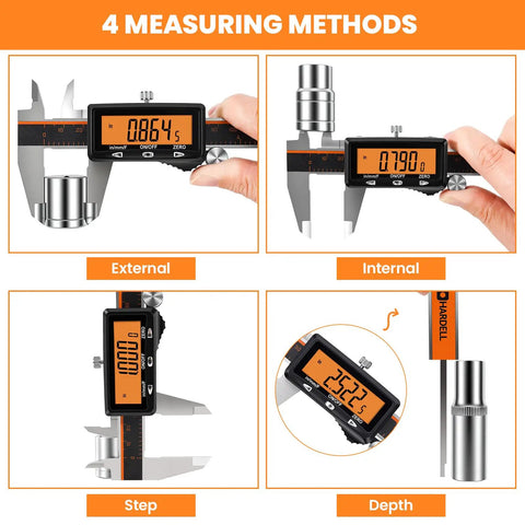 Rechargeable Digital Caliper With Type C Fast Charge And Auto Off, Large Orange Screen showing four measuring methods