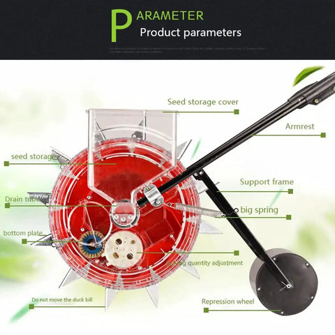 Manual Seed Seeder Handheld For Garden And Farm Use, 20cm Spacing, Adjustable Seed Spacing, Clear Hopper, detailed product diagram