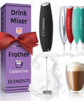 Handheld Drink Mixer With High Speed High Torque Motor Electric Stirrer And Protein Powder Wand Mini Frother For Quick Cocktails Milk Frother And Coffee Stirrers In Black Easy To Use Silky Foam In Seconds shown in various colors with packaging and cup of frothed milk