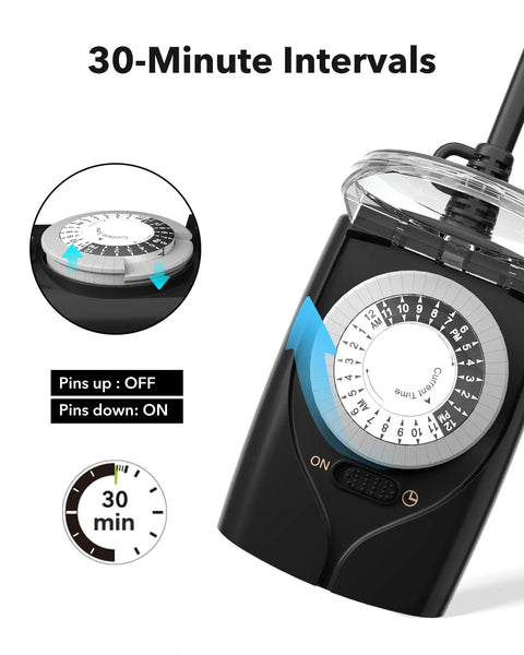 Outdoor Timer Outlet Waterproof 24 Hour Mechanical Light Timers For Exterior Outlets With Two Grounded Outlets Weatherproof 15 Amp Repeats Daily Schedule For Christmas Lights And Holiday Decor, showing dial with 30-minute intervals and transparent cover.