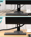 Before and after using 2 Pack 5 Foot Cable Sleeve For Desk Cord Management And Wire Hider Tubing under a computer setup.