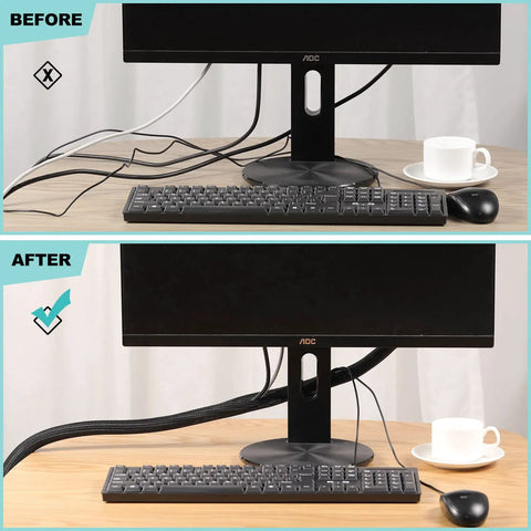 Before and after using 2 Pack 5 Foot Cable Sleeve For Desk Cord Management And Wire Hider Tubing under a computer setup.