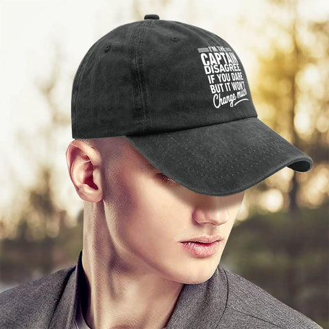 Man wearing Boat Captain Style Cap For Men Distressed Washed Baseball Hat with Adjustable Strap, standing outdoors.