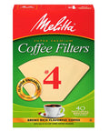 Box of Melitta No. 4 coffee filters showing flavor enhancing micro-perforations for 8-12 cup cone brewers.