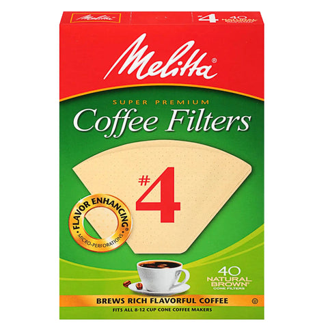 Box of Melitta No. 4 coffee filters showing flavor enhancing micro-perforations for 8-12 cup cone brewers.