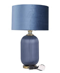 Blue Glass Table Lamp With Velvet Shade And Gold Accents, ribbed design, 16 x 16 x 26 inches, for transitional living room style
