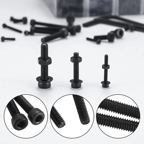 Heavy Duty Rock Solid M2 M3 M4 Hex Button Socket Head Cap Screws Bolts Nuts Flat Washers Assortment Kit In Matte Black Alloy Steel showcased in various sizes.