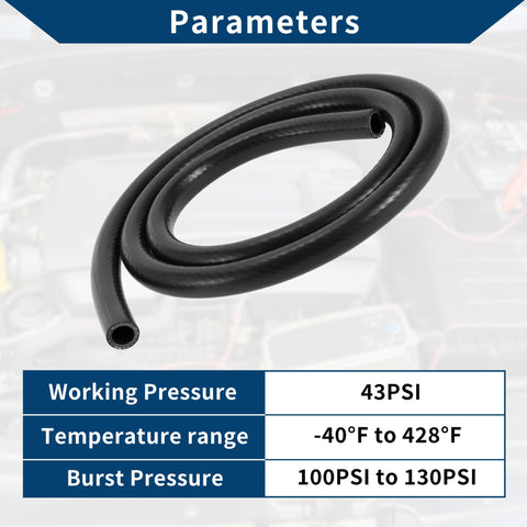 High Temp Silicone Vacuum Hose For Cars And Trucks Heavy Duty Vacuum Line 0.5 Inch ID 3mm Wall Thickness 3.3 Ft Length Black 130 PSI Max Durable Automotive Silicone Tubing coiled on engine compartment.