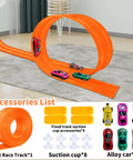 Flexible Track Race Set For Kids With 15 Foot Modular Track, 4 Suction Cups, And Six Diecast Cars In 1 To 64 Scale, Orange Edition.