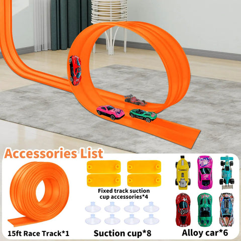 Flexible Track Race Set For Kids With 15 Foot Modular Track, 4 Suction Cups, And Six Diecast Cars In 1 To 64 Scale, Orange Edition.