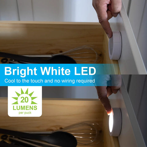 Under Cabinet LED Puck Lights Wireless Battery Operated Touch Activated Stick On Lighting For Kitchen Closet Pantry Bookshelf