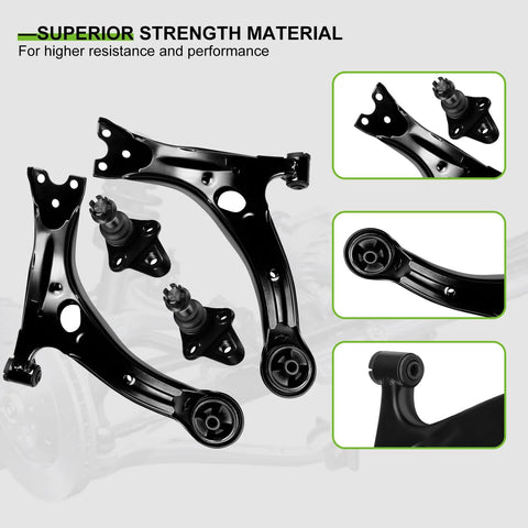 SCITOO 12-piece front suspension kit components: black lower control arms, ball joints, inner/outer tie rod ends, sway bar end links