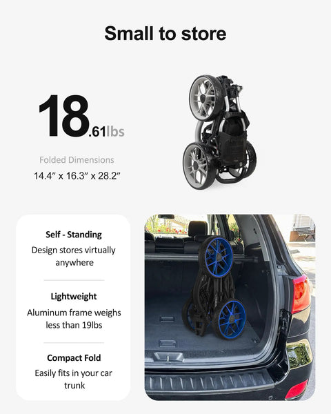 Ez V8 3-Wheel Golf Push Cart With Patented One-Click Fold, Lightweight Yet Durable, shown folded in vehicle trunk.