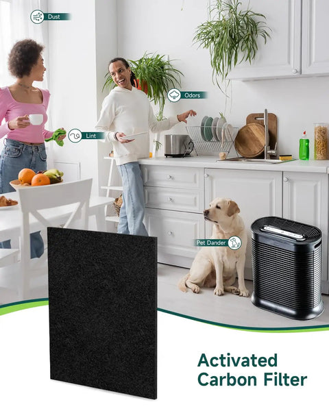 Six Pack Carbon Prefilter For HPA200 Series Air Purifiers in kitchen setting with filter and air purifier