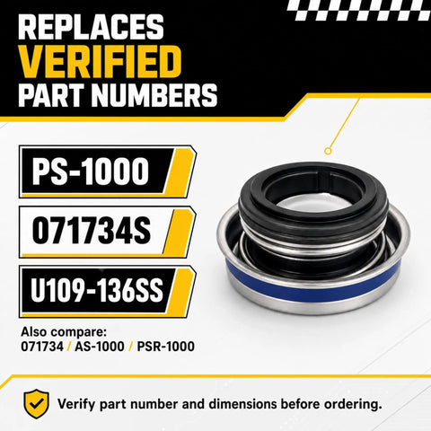 PS 1000 Replacement Shaft Seal Kit For Pool And Spa Pumps Five Eighth Inch Mechanical Seal Fits 071734S U109 136SS Replaces Common Seals Includes Two Sets For DIY Friendly Maintenance. 5/8-inch mechanical pump seal with PS-1000, 071734S and U109-136SS part numbers