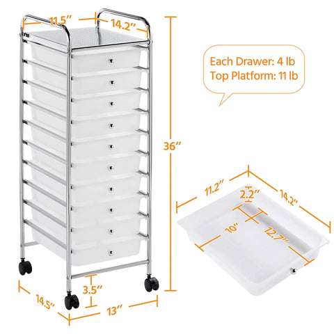 10 Drawer Rolling Storage Cart With Lockable 360 Degree Wheels, Multipurpose Mobile Organizer For Home Office School And Workshop, Durable Plastic Trolley White Finish