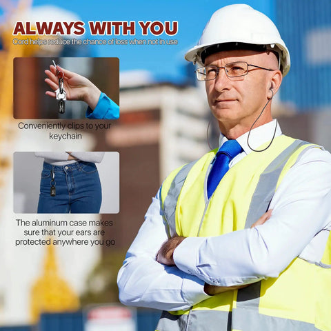 High Fidelity Concert Earplugs For Musicians And DJs On Gigs with aluminum case, worn by a worker in safety gear.