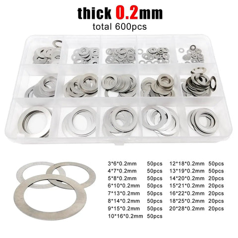 Ultra Thin 0.2mm Stainless Steel Washer Set For M3 To M20, 600 Pcs Flat Plain Shim Gasket Assortment in storage case