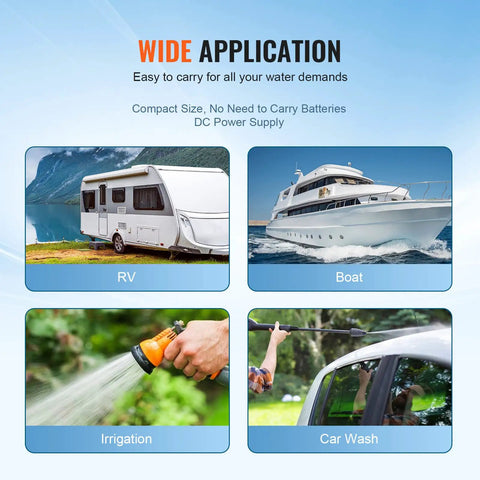 Usage scenarios for 12V Diaphragm Water Pump 3.5 GPM Self Priming With Adjustable 40 To 80 PSI including RV, boat, irrigation, car wash